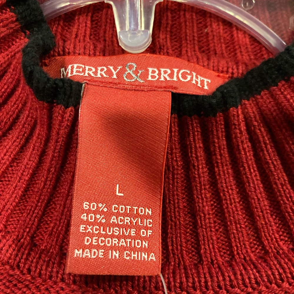 NWT Vintage Merry and Bright Red Christmas Sweater With Black Trim Size Large - Picture 13 of 16